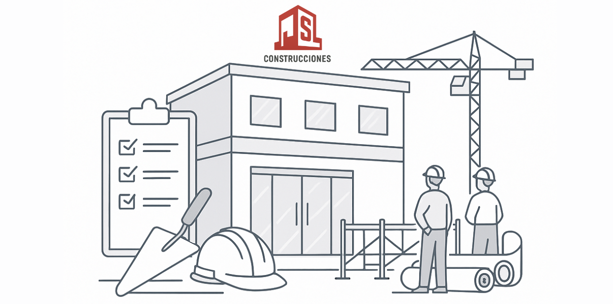 Ilustración técnica de una obra en curso con un edificio comercial, obreros, herramientas de construcción, casco, lista de verificación y grúa. En la parte superior aparece el logotipo de JSL Construcciones.</p>
<p>