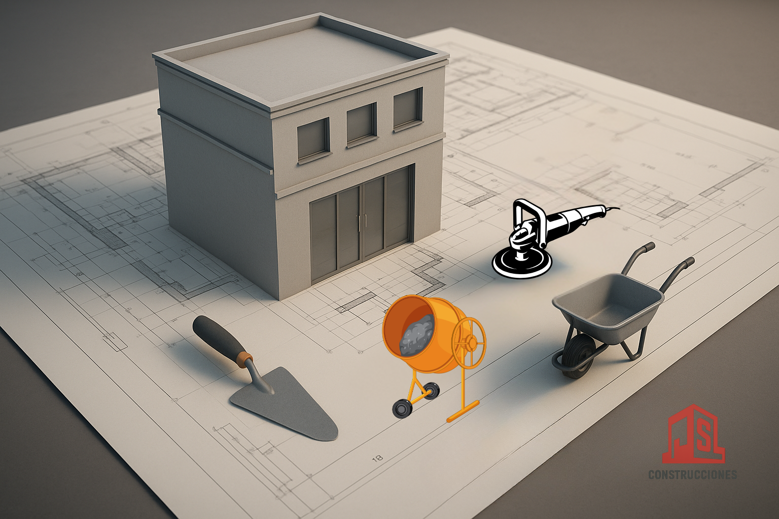 Representación 3D de un local comercial en construcción sobre planos arquitectónicos, acompañado de herramientas como paleta, carretilla, cuba de hormigón y una abrillantadora. En la esquina inferior derecha aparece el logotipo de JSL Construcciones.</p>
<p>